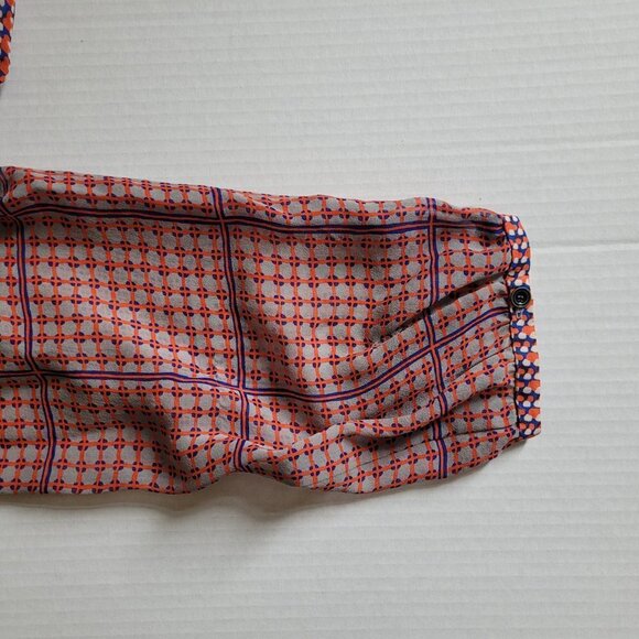 Madewell dress peasant silk sheer mini boho summer retrogrid pattern blue orange - Picture 14 of 16